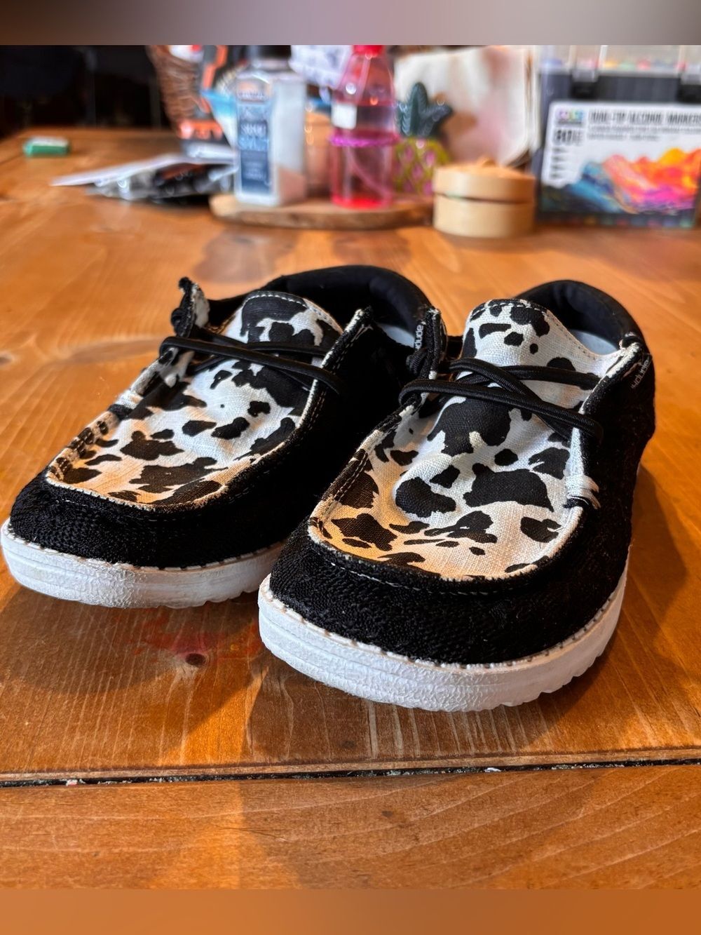 Hey Dude womens Wendy Boho Wild cow print lace slip on loafers black/white 5